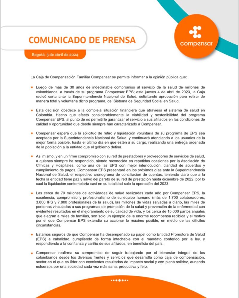 Compensar busca retirar su programa de salud debido a dificultades financieras