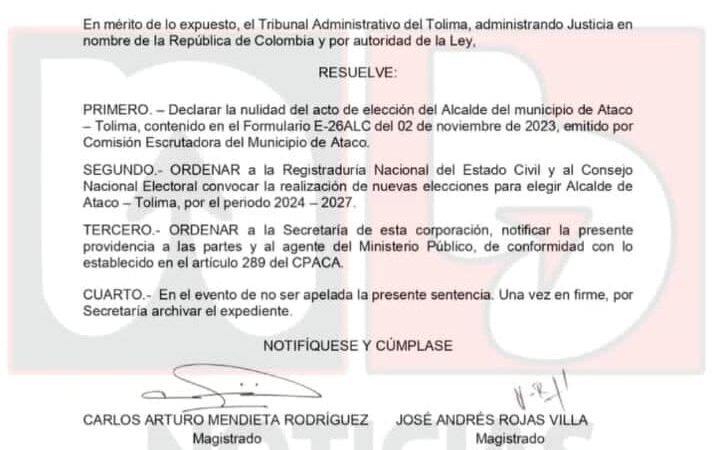 En las últimas horas se conoce el decreto de nulidad de la Elección del Alcalde Ataco y donde se ordenan nuevas elecciones.