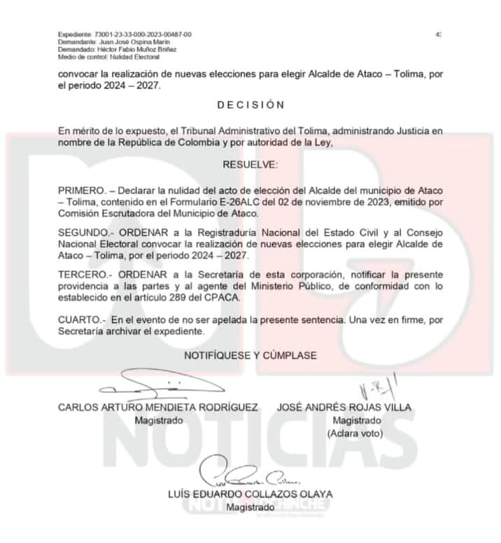 En las últimas horas se conoce el decreto de nulidad de la Elección del Alcalde Ataco y donde se ordenan nuevas elecciones.