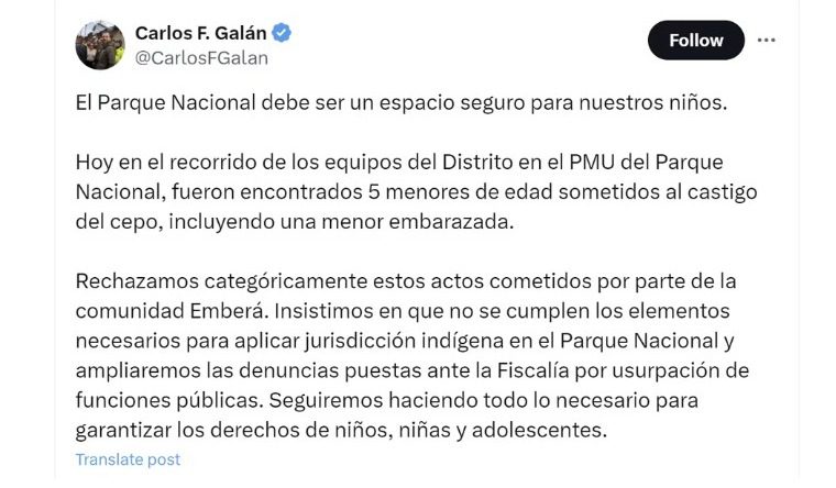 Alcalde de Bogotá rechaza castigo con cepo a menores de edad en asentamiento indígena en el Parque Nacional