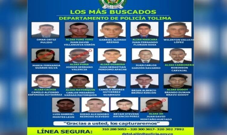 La Policía da a conocer el cartel de los más buscados en el Tolima