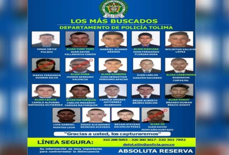 La Policía da a conocer el cartel de los más buscados en el Tolima