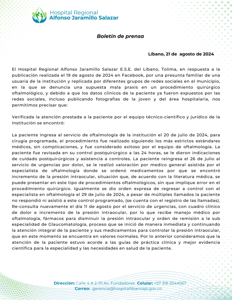 Hospital Alfonso Jaramillo Salazar desmiente publicaciones en redes sociales que no tienen fundamentos médicos