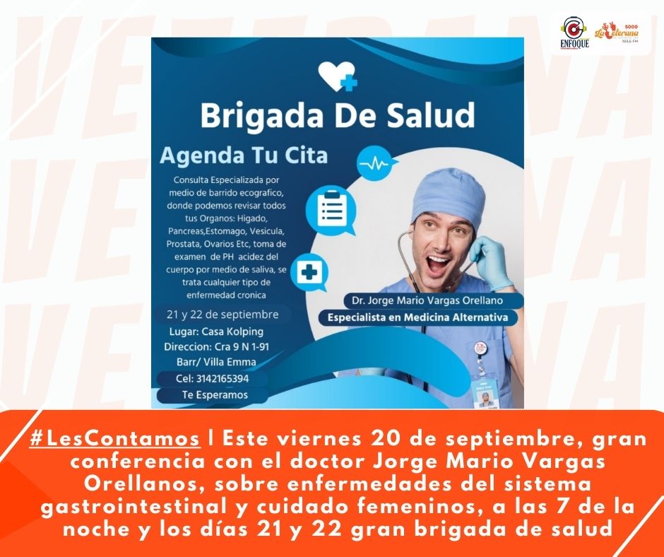 Este viernes 20 de septiembre, gran conferencia con el doctor Jorge Mario Vargas Orellanos, sobre enfermedades del sistema gastrointestinal y cuidado femeninos