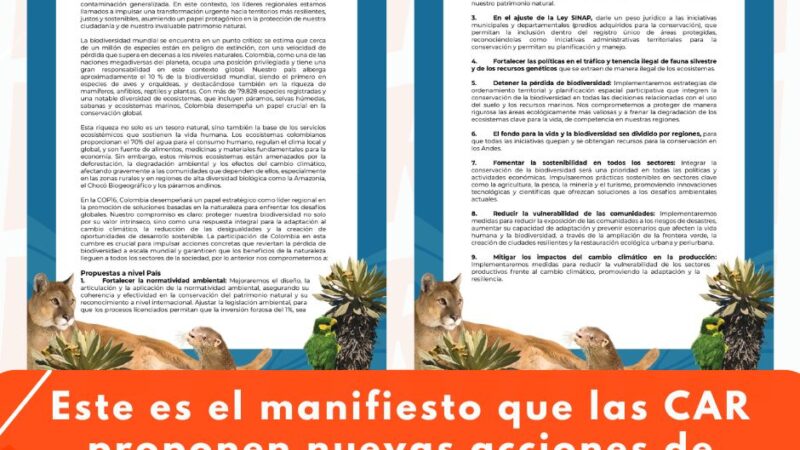 Este es el manifiesto que las CAR proponen nuevas acciones de conservación de la biodiversidad de cara a la COP16