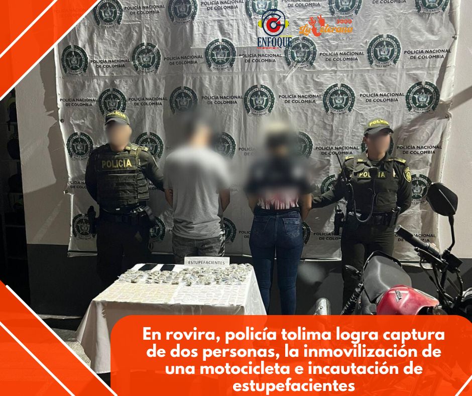 En rovira, policía tolima logra captura de un hombre y una mujer, la inmovilización de una motocicleta e incautación de 200 estupefacientes