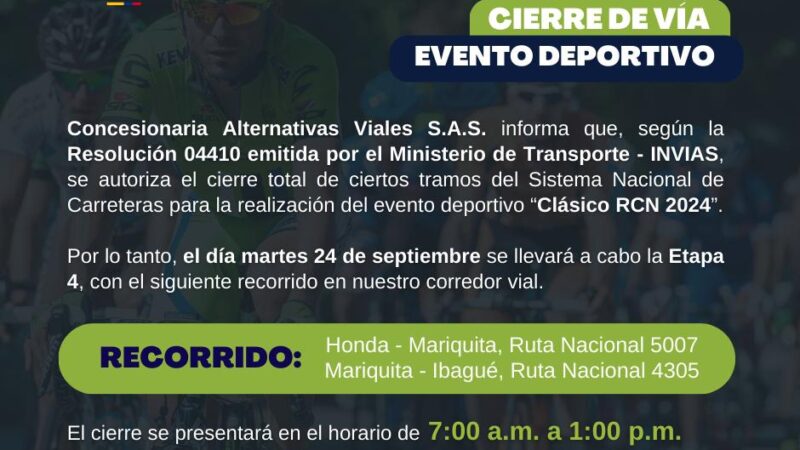 Cierre de vía por evento deportivo: Clásico RCN 2024