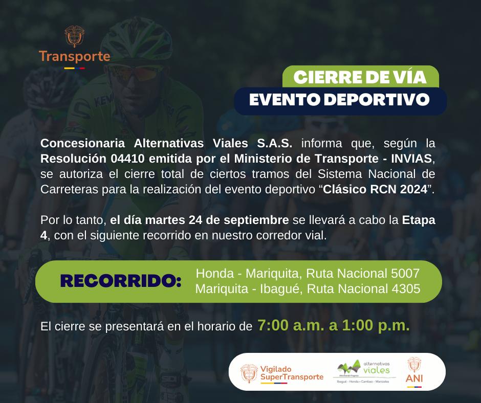 Cierre de vía por evento deportivo: Clásico RCN 2024