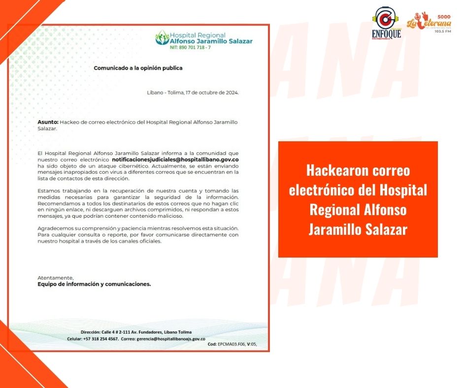 Hackearon correo electrónico del Hospital Regional Alfonso Jaramillo Salazar