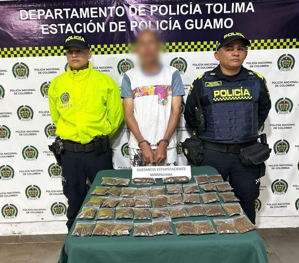 Captura de hombre y confiscación de drogas en El Guamo por parte de la Policía Tolima