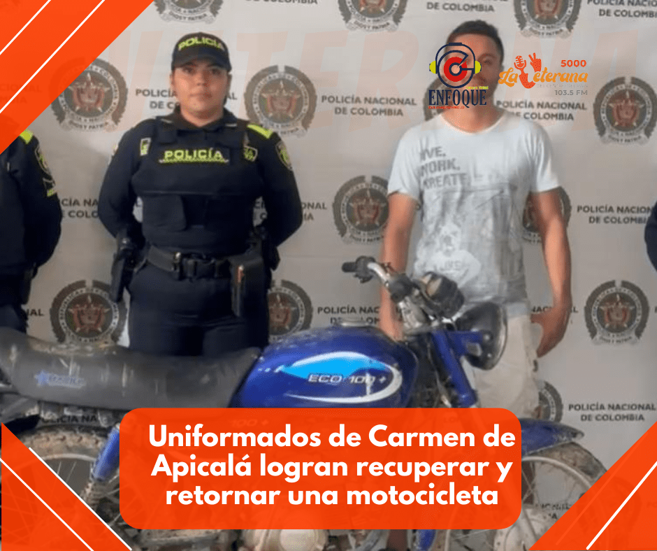 En tiempo récord, uniformados de Carmen de Apicalá logran recuperar y retornar una motocicleta que habría sido hurtada horas antes.