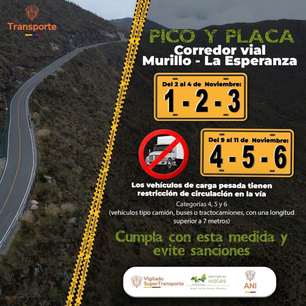 Pico y placa en la vía Murillo-Manizales este puente festivo: restricción por protección ambiental