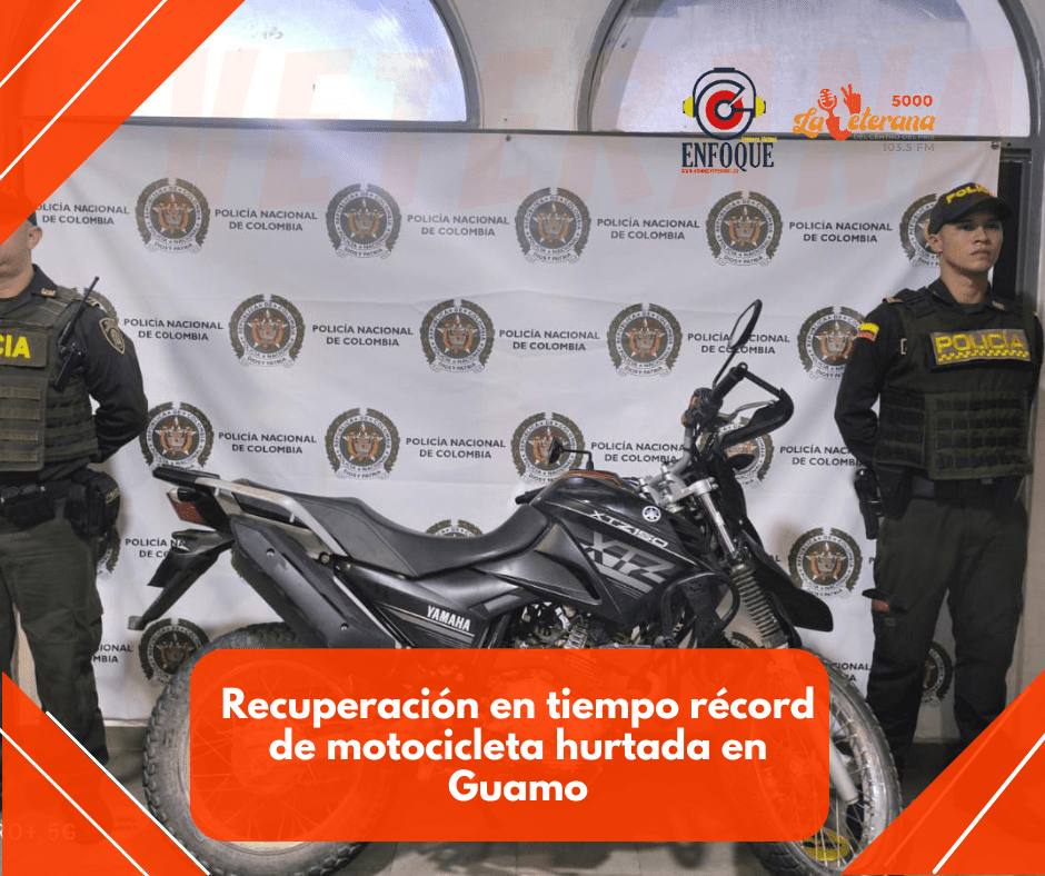 Recuperación en tiempo récord de motocicleta hurtada en guamo, gracias a la rápida reacción de la policía Tolima