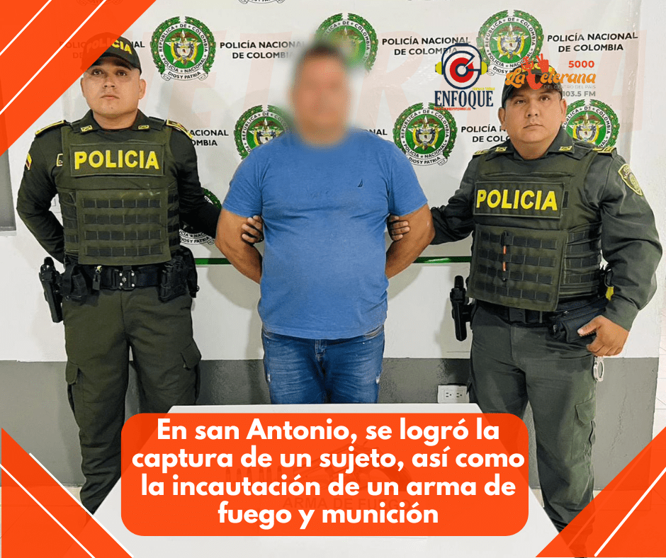 En san Antonio, policía Tolima logró la captura de un sujeto, así como la incautación de un arma de fuego y munición.