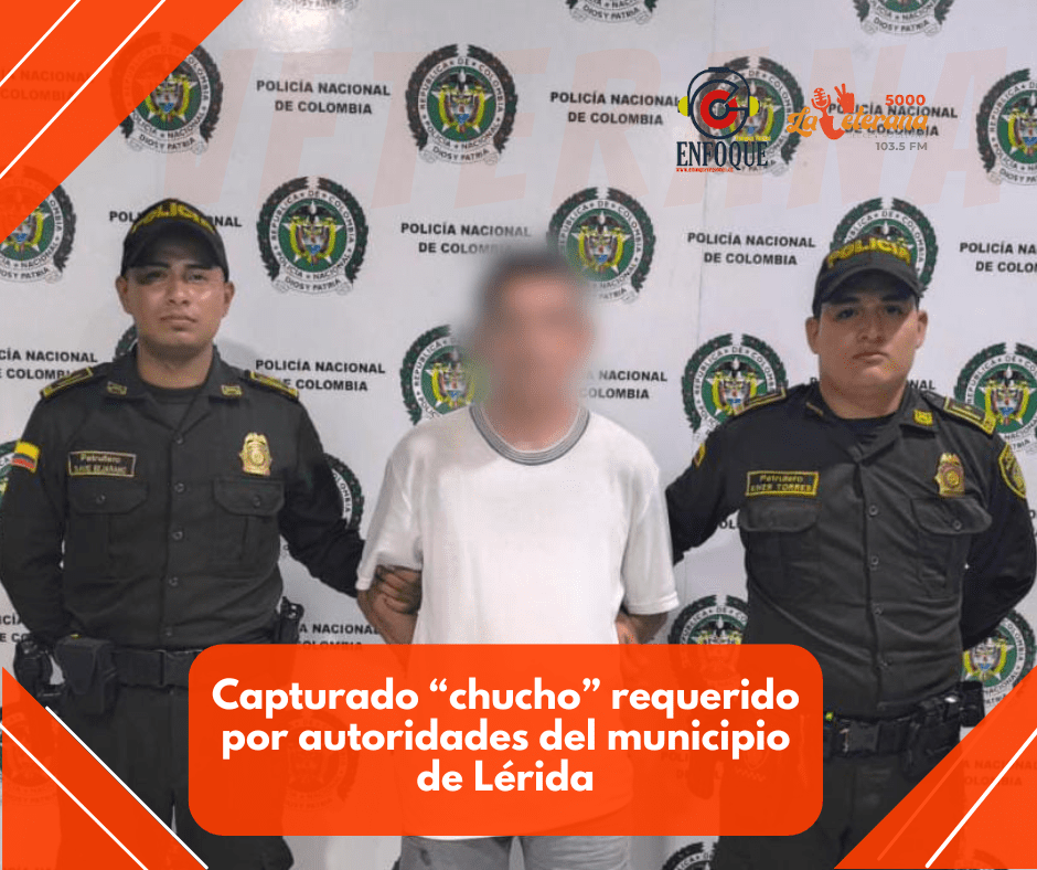 Gracias a área de prevención y control de la policía Tolima, en el municipio de venadillo se logró la captura de “chucho” requerido por autoridades del municipio de Lérida.