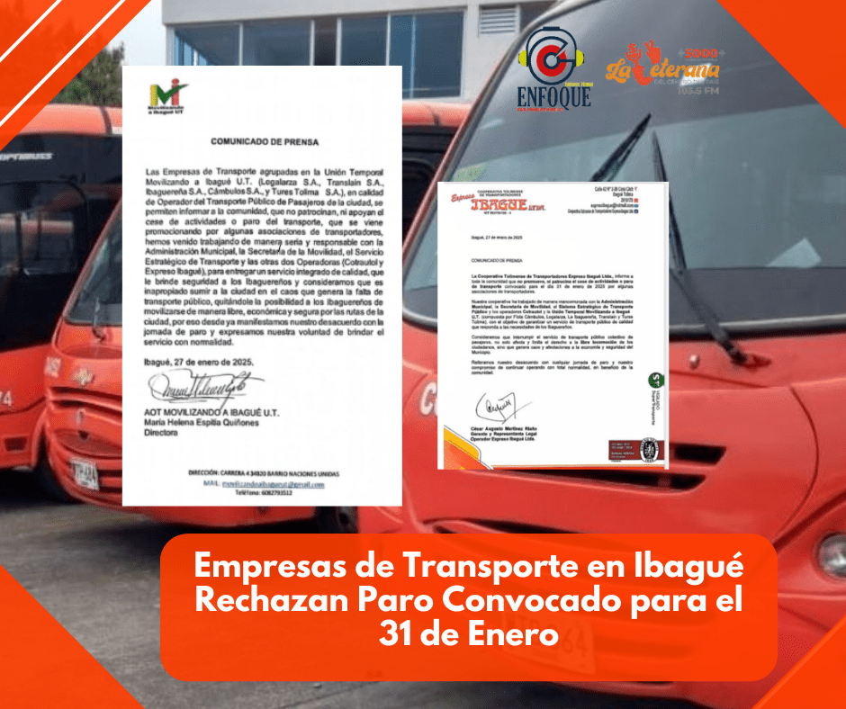 Empresas de Transporte en Ibagué Rechazan Paro Convocado para el 31 de Enero