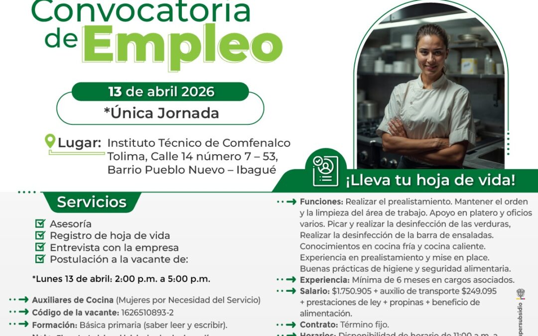Convocatoria laboral masiva en Ibagué para el sector gastronómico