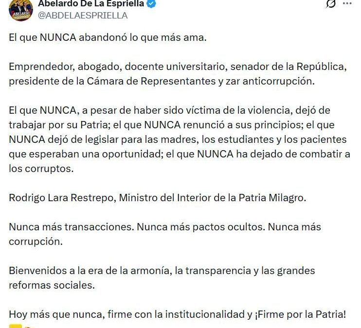 Rodrigo Lara Restrepo será el ministro del Interior del gobierno de Abelardo de la Espriella