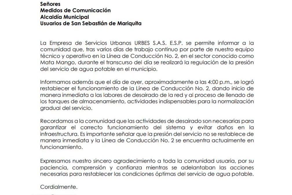 Atención Habitantes de Mariquita