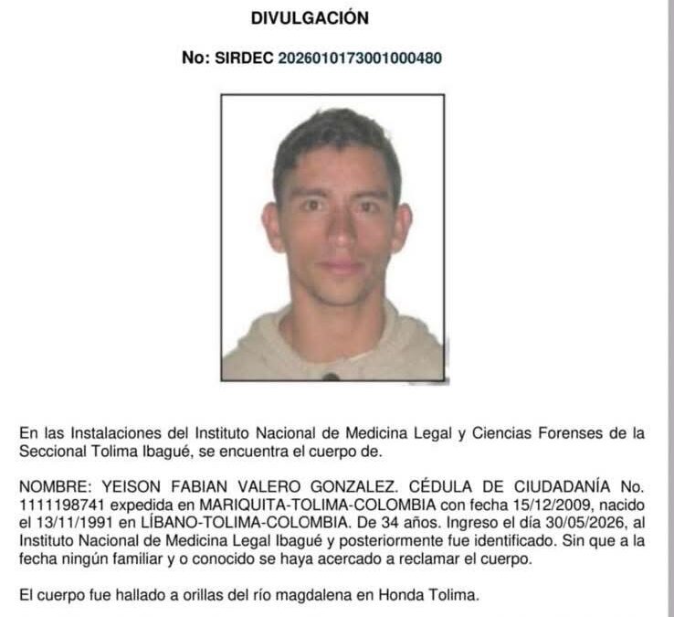 Medicina Legal busca a familiares de hombre hallado sin vida en Honda
